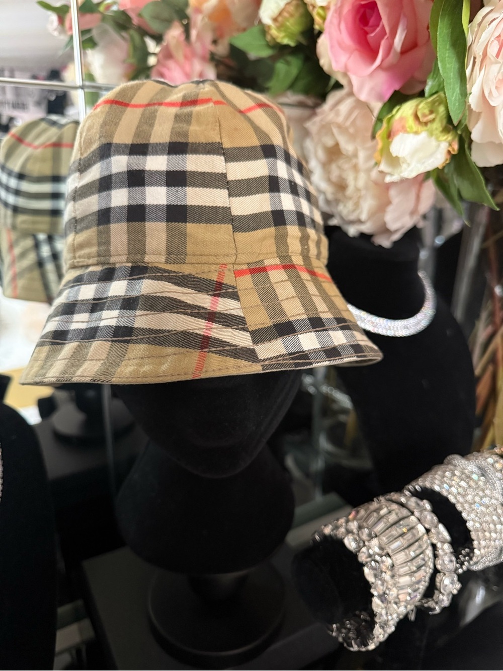 Burberry Bucket Hat with Black and Red Accents